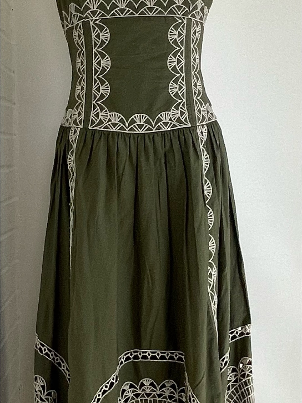 Anthropologie Strapless Olive Green Embroidered Cotton Midi Dress NWT Small - Picture 6 of 11